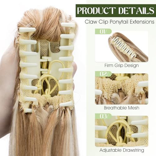 Ponytail Extension, 16 Inch Claw Clip Ponytail Extension Human Hair Long Straight Jaw Clip in Real Hair Pony Tails Hairpieces for Women Golden Brown & Bleach Blonde