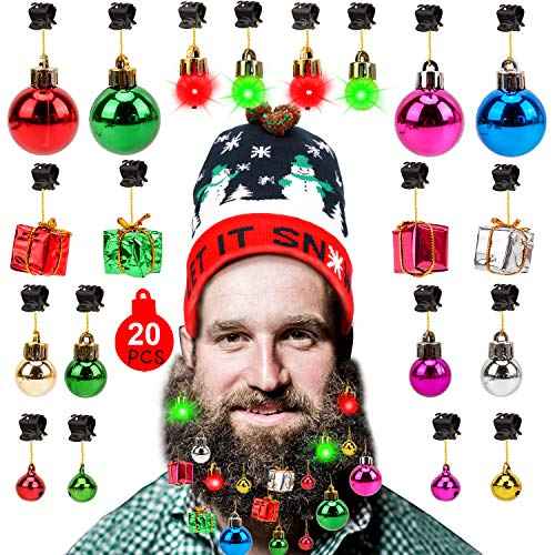 Konsait 20pcs Beard Ornaments Christmas Light Up Facial Hair Baubles Jingle Bells Beard Clips Beard Bulbs for Ugly Sweater Party Christmas Office Social Events New Year Festival Gift Christmas Decor
