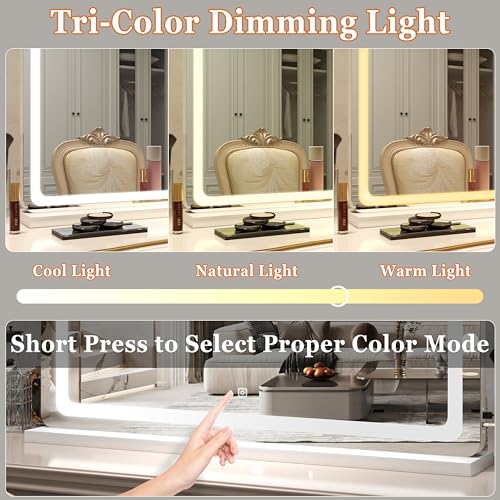 HNV Vanity Mirror with Lights 31"x21" Large Lighted Makeup Mirror, 3-Color Dimmable LED, Touch Screen, USB Charging, Tabletop & Wall Mount (White)