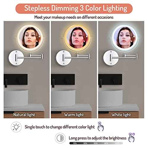 Rocollos Rechargeable Wall Mounted Lighted Makeup Mirror Chrome, 8 Inch Double-Sided LED Vanity Mirror 1X/10X Magnification,3 Color Lights Touch Screen Dimmable 360¡ÆSwivel 13 Inch Extendable