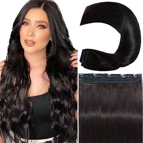 S-noilite Clip in Human Hair Extensions - 100% Real Hair, One Piece/5 Clips, 3/4 Full Head, Thicker Soft Straight (18"-90g, #1B Natural Black)