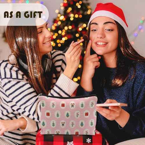 Pink Red and Green Christmas Makeup Bag, Christmas Mistletoe Candy Canes Cosmetic Bags for Women, Preppy Xmas Holiday Zipper Makeup Pouch Travel Toiletry Bag
