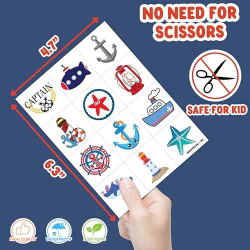 Nautical Pre-cut Temporary Tattoos 8 Sheets 96 PCS Boat 1st Party Decorations Favors Supplies Sailor Nautical Theme Birthday Cute Stickers Christmas Gifts for Boys Girls Class School Prizes Carnival