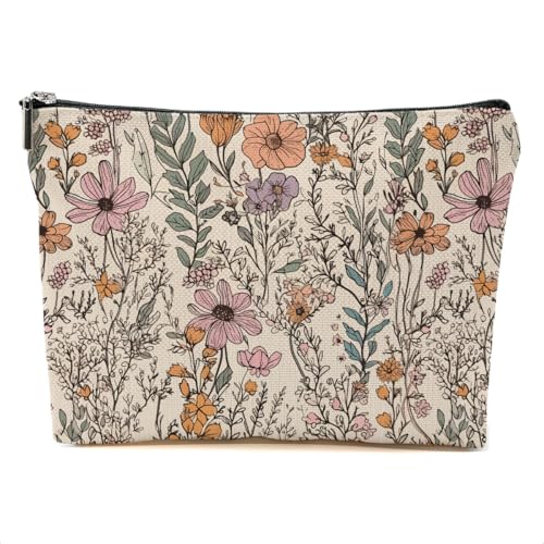 Vintage Wildflowers Makeup Bag Floral Garden Flower Cosmetic Bag Friend Friendship Gifts for Women Girls Sister Coworker Botanical Travel Organizer Zipper Pouch Christmas Thanksgiving Birthday Gifts
