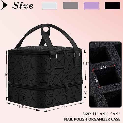 Nail Polish Organizer Case - Holds 42+ Bottles (15ml/0.5 fl.oz) and 1 Nail Lamp, Upgraded Double-layer Nail Polish Carrying Case Nail Polish Storage Bag with Handles (Black)