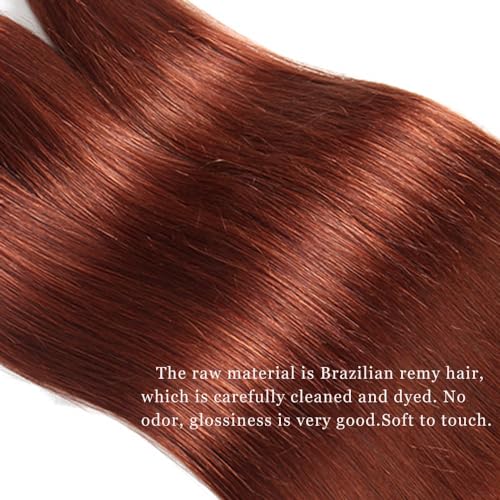 ijoy Straight Bundles with Closure Human Hair Bundles 8 10 12+C8 Reddish Brown Short Straight Hair 100% Virgin Human Hair 3 Bundles with 4x4 HD Lace Closure Free Part Chocolate Brown Color