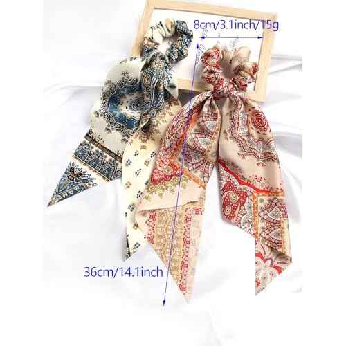 Bandana Hair Scarf Scruncheis for Women Girls, Bowknot Scrunchies for Hair, Chiffon Floral Scrunchie Long Hair Bands Ties Ponytail Holder (Paisey)