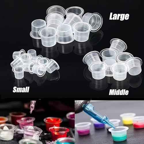 Tattoo Ink Caps, 600PCS Tattoo Cups for Ink with 4 Blue Cup Holders, Mixed Sizes Large Medium Small Plastic Pigment Cups, Tattooing Machine Plastic Supplies Kit Set