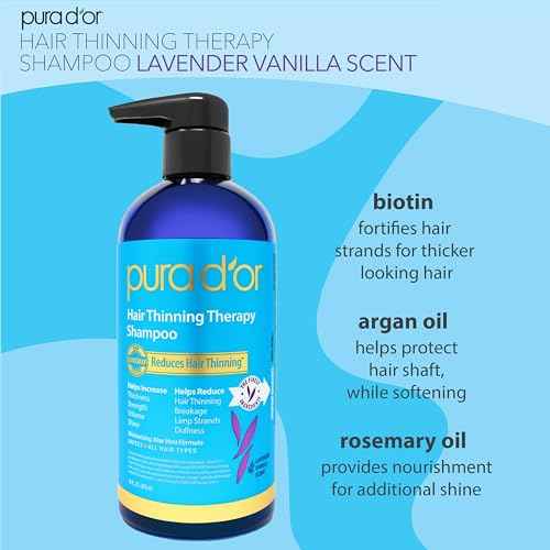 PURA D'OR 16 Oz Hair Thinning Therapy Biotin Shampoo - LAVENDER VANILLA Scent - CLINICALLY TESTED Effective Results, Herbal Blend Hair Thickening Products Women & Men, Color Safe Routine Shampoo
