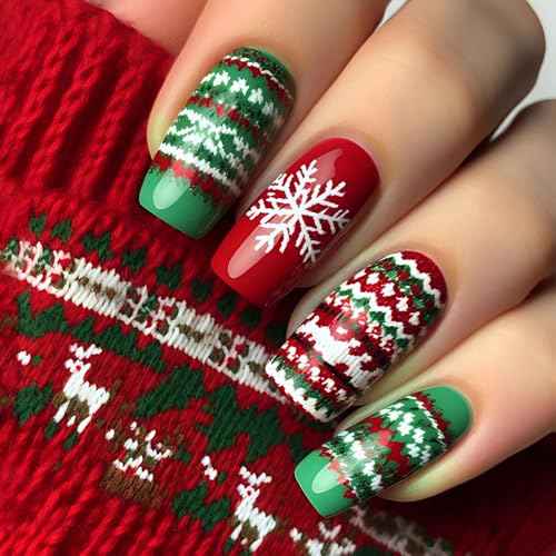 Christmas Acrylic Short Square Press on Nails with Snowflake Design - 24Pcs Full Cover Reusable Stick on Nails for Women Girls