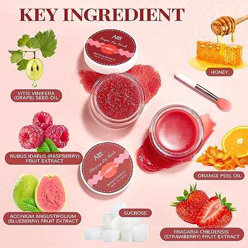 Lip Scrub & Lip Mask Set, Lip Sleeping Mask, Overnight Treatment Lip Care Products, Skin Care Christmas Gifts for Girls, Moisturize & Nourish, Dry Cracked Lips, Intense Hydration with Vitamin C