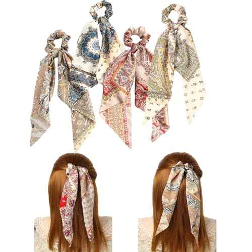Bandana Hair Scarf Scruncheis for Women Girls, Bowknot Scrunchies for Hair, Chiffon Floral Scrunchie Long Hair Bands Ties Ponytail Holder (Paisey)