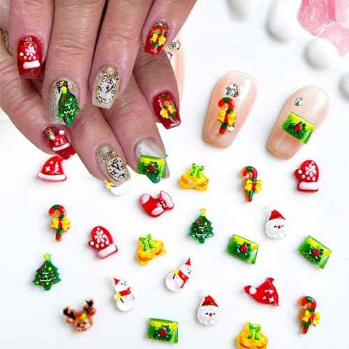 100Pcs Christmas Nail Charms Cute Elk Santa Claus Nail Rhinestones Xmas Tree Bell Gloves Socks Hat Design Winter Nail Art Charms 3D Resin Snowman Nail Gems New Year Nail Jewelry Accessories for Women