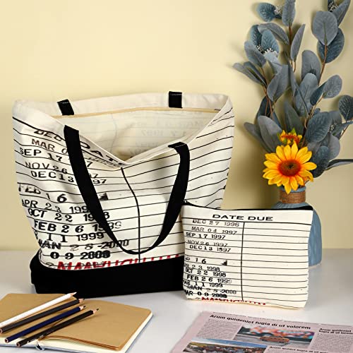 Sieral 2 Pcs Librarian Gifts for Women Due Date Library Book Bag Reusable Canvas Cosmetic Bag with Zipper Pouch Book Lovers Gifts for Friends Librarian Christmas Club Birthday for Readers