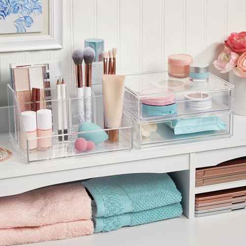 STORi Chloe Stackable Makeup Holder & Drawer Organizer Set, Clear, BPA-Free Plastic, Made in USA, Organize Brushes, Cosmetics & Beauty Essentials