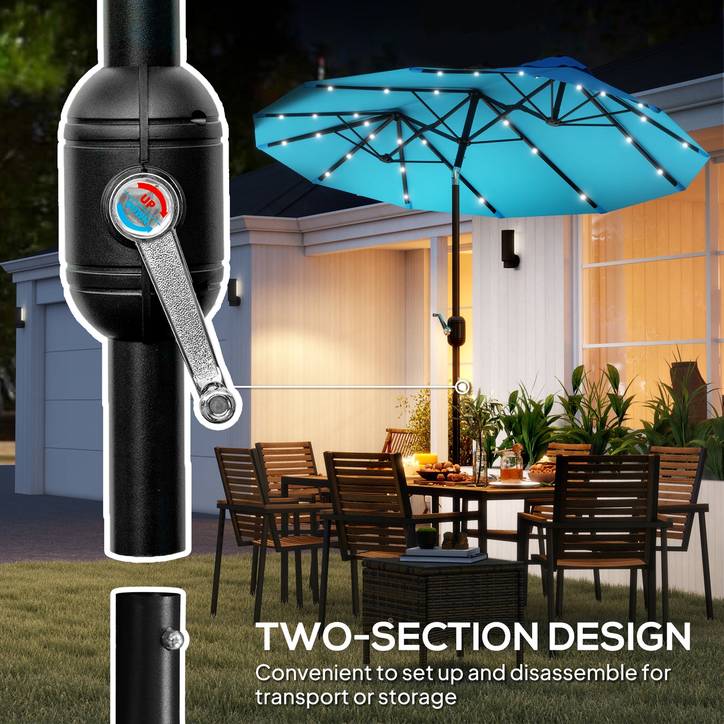 Double-Sided Outdoor Umbrella with LED Lights - Light Blue