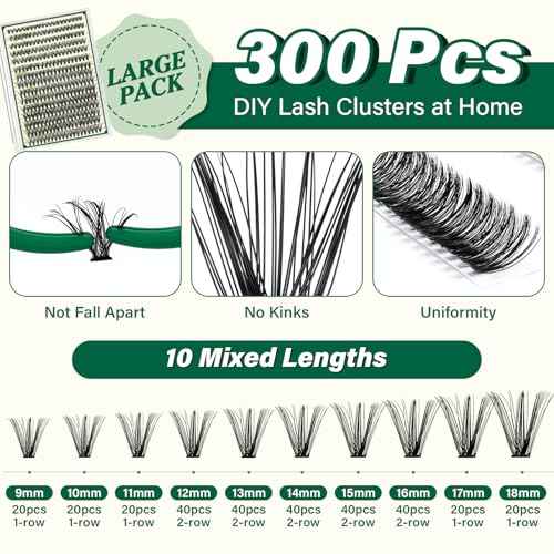 KEYYOU Lash Extension Kit DIY 300Pcs Lash Clusters Eyelash Extension Kit 40D 0.07 D Curl 9-18MIX Lash Clusters Kit with Lash Glue Remover Applicator Easy to Use for Beginners(Kit,40D-D,9-18MIX)