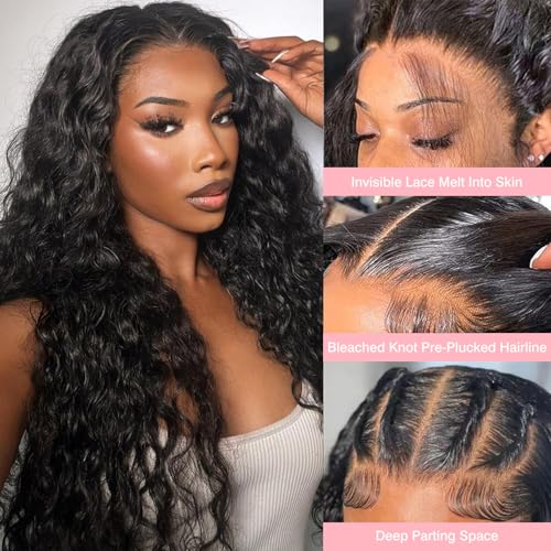 13x6 Deep Wave Lace Front Wigs Human Hair HD Full Lace Frontal Wigs Pre Plucked Bleached Knots 180% Density Deep Curly Human Hair Wig Natural Color 22 Inch