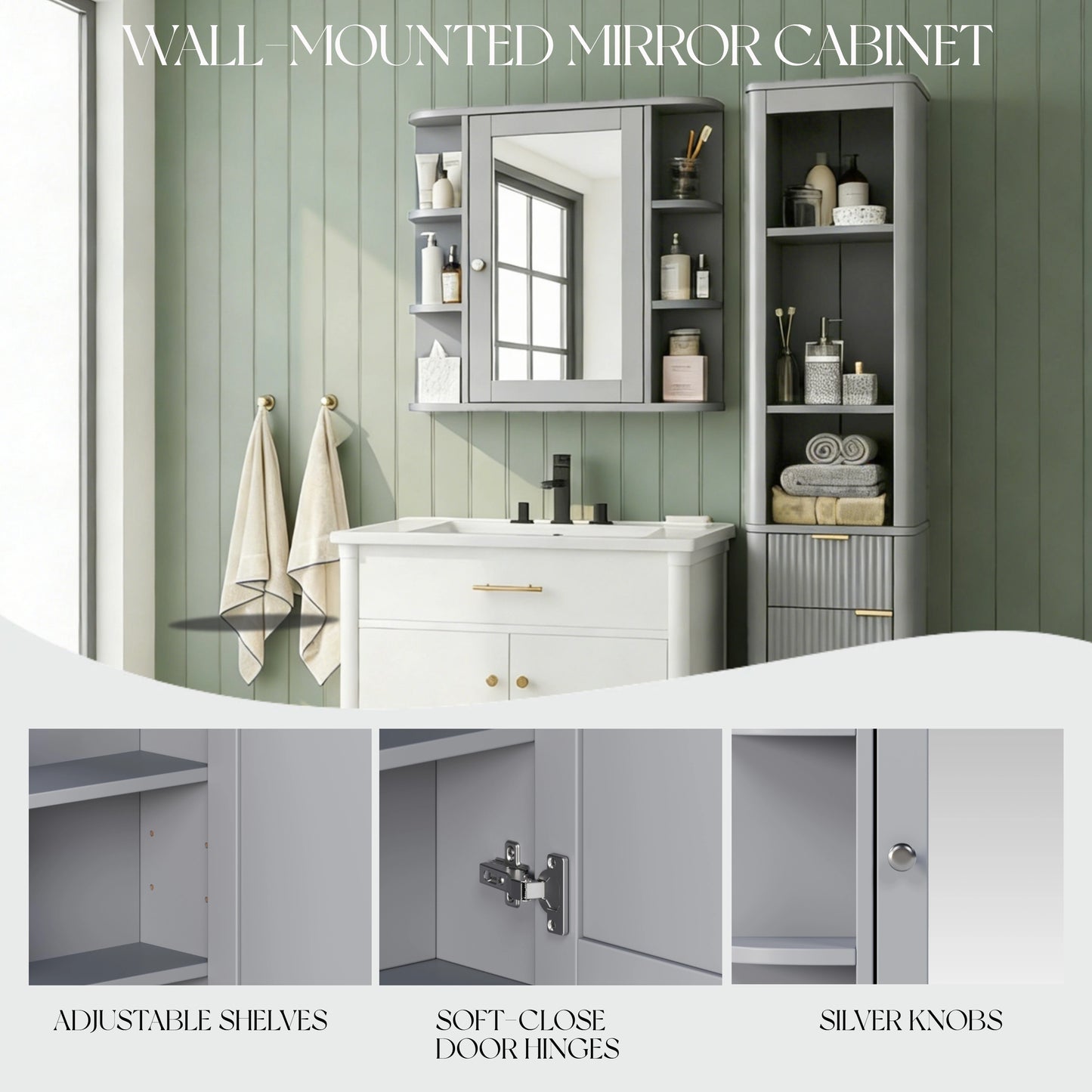 Bathroom Wall Storage Cabinet with Mirror & Adjustable Shelves - Gray