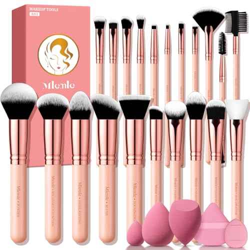 Makeup Brushes Set, Mlemle Professional 26 Pcs Makeup Kit, Include Powder Foundation Concealers Blush Eye shadows 21 Pcs Makeup Brushes and 2 Powder Puff, 3 Makeup Sponge(A01-Pink)