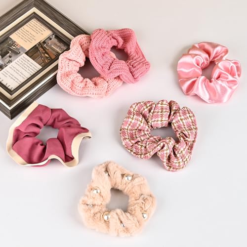 8-Piece Velvet Satin Scrunchies for Women Girls, Cute Hair Ties for Women's Long Thick Thin Hair No Damage, Pink Theme