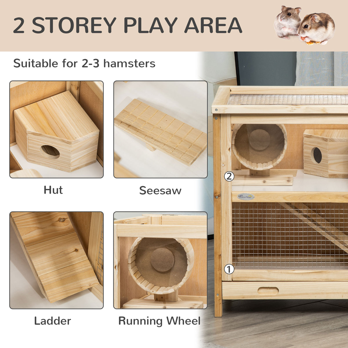 2-Tier Wooden Hamster Cage with Seesaw and Viewing Window - Small Animal Habitat