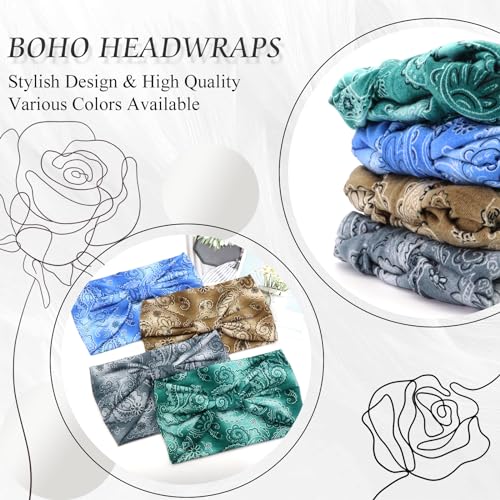FULZTEY Boho Headbands for Women Fashion Wide Head Bands Floral Print Hairband Elastic Workout Yoga Sweatband Knot Cloth Turban Large African Bandana Headwraps Cute Hair Accessories Gift 4Pcs