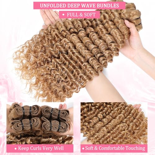 Honey Blonde Deep Wave Bundles Human Hair 12A Color #27 Blonde Curly Human Hair Bundles 16 18 20 Inch Colored Deep Wave Human Hair Extensions Double Weft Wet and Wavy Bundles