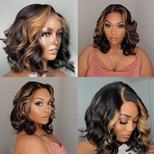 Glueless Short Body Wave Lace Front Wigs Human Hair with Blonde Highlight Pre Plucked 13X4 HD Transaprent Lace Wigs Side Part Medium Part Frontal Bob Wig For Women (12inch, Blonde Highlight)