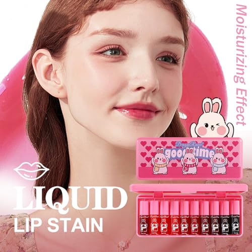10 Colors Lip Tint Stain Set,Korean Lip Gloss,Watery Lip Stain Mini Liquid Lipstick Waterproof,Moisturizing Lip Stain Set Multi-Use Lip and Cheek Tint,Non-Stick Cup,Lightweight,Vivid Color Lip Makeup