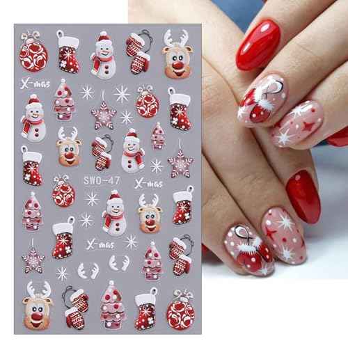 5D Embossed Christmas Nail Art Stickers Xmas Nail Decals Cute Santa Claus Christmas Tree Cake Candy Snowflake Snowman Nail Designs Christmas Nail Supplies Decoration for Women DIY Manicure Accessories