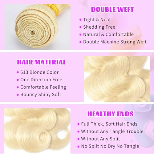 613 Bundles Human Hair 24 Inch Blonde Bundles Human Hair 100% Unprocessed 12A Grade Brazilian Virgin Raw Weave Bundles 1 Bundles Blonde Body Wave Human Hair Extensions for Women
