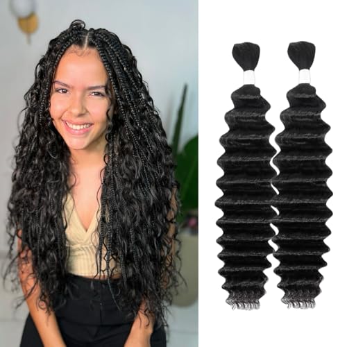 Deep Wave Human Braiding Hair 28Inch 2 Bundles 100g Bulk Human Hair for Braiding No Weft Human Braiding Hair for Boho Braids Wet and Wavy 100% Brazilian Virgin Curly Hair for Braiding Hair Extensions
