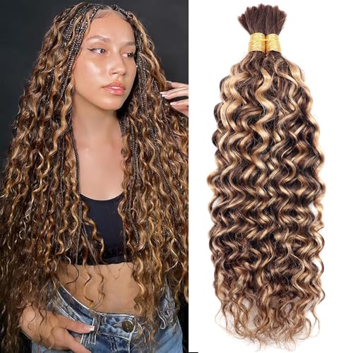 Water Wave Bulk Human Hair for Braiding #T4/P4/27 No Weft Curly Wet and Wavy 100% Unprocessed Brazilian Virgin for Boho Braids 2 Bundles/Pack (24inch 100g)