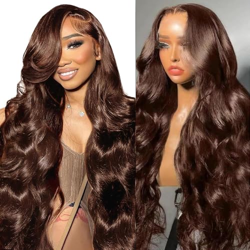 mogge Body Wave 13x6 Hd Lace Front Wigs Human Hair Pre Plucked Chocolate Brown Lace Front Wig 200 Density Colored Lace Human Hair Wigs for Black Women 4# Brown Wig 22 Inch