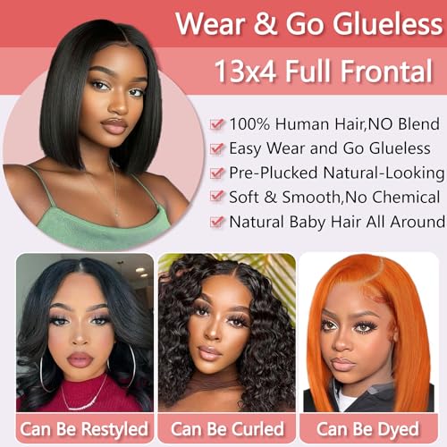10 Inch Bob Wig Human Hair 13x4 HD Lace Front Wigs Pre Plucked Short Bob Wig Lace Frontal Wigs for Black Women, Short Straight Glueless Human Hair Wig with Elastic Band, 180% Density, Natural Black
