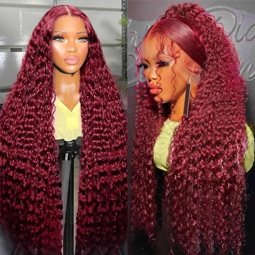 DJFG Deep Wave Lace Front Wigs Human Hair Curly Wig Human Hair HD Frontal 200 Density 13x6 Lace 99j Burgundy Red 18 Inch