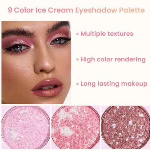 AMY'S DIARY Pink Shimmer Eye Shadow Makeup Palette 9 Colors, Highly Pigmented Matte Glitter Shimmer Pearl Waterproof Party Sparkling Eyeshadow Palette (02#)