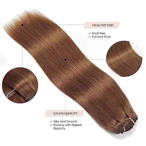 Sisily Clip in Hair Extensions Real Human Hair, 18 inch 150g, Medium Light Brown, 100% Brazilian Remy Human Hair Clip in Extensions Soft Straight 7pcs Per Set with 16 Clips Double Weft
