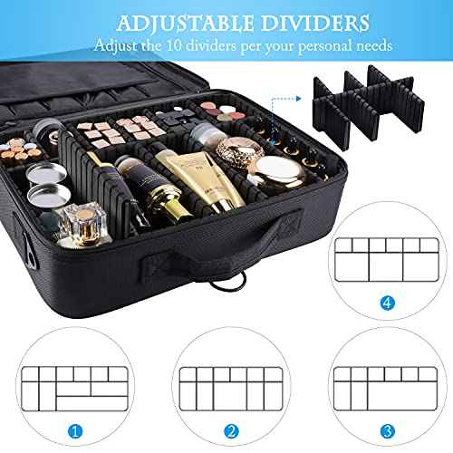 JOURMON Travel Makeup Case Portable Makeup Train Case Organizer Cosmetic Bag with Adjustable Dividers and Shoulder Strap for Makeup Brushes Toiletry Travel Accessories(Pure Black, L)