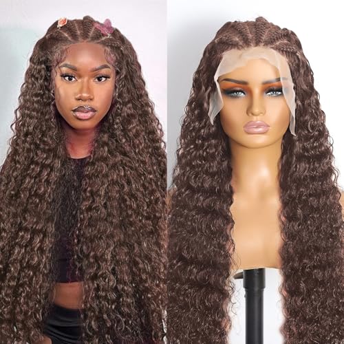 Chocolate Brown Head Braided Lace Front Wig 13x6 Deep Wave Wig Braided Wigs Human Hair Pre Plucked with Baby Hair 180 Density HD Frontal Wigs Brown Wig Human Hair 26 Inch