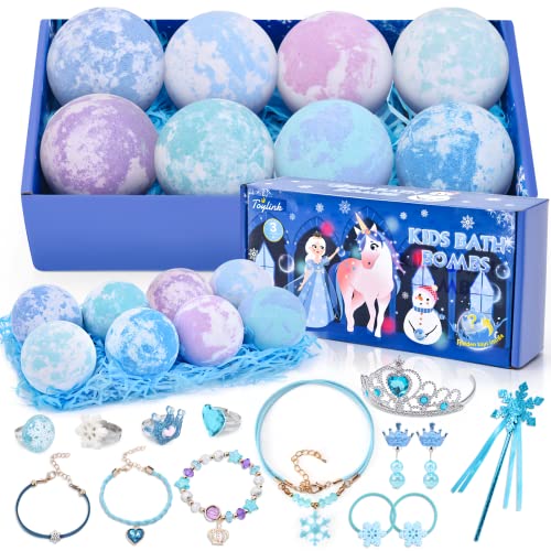 Kids Bath Bombs for Girls with Surprise Toys Inside, 8 Pack Natural Bath Bombs Handmade Spa Bath Fizzies with Jewelry Set Birthday Christmas Gift