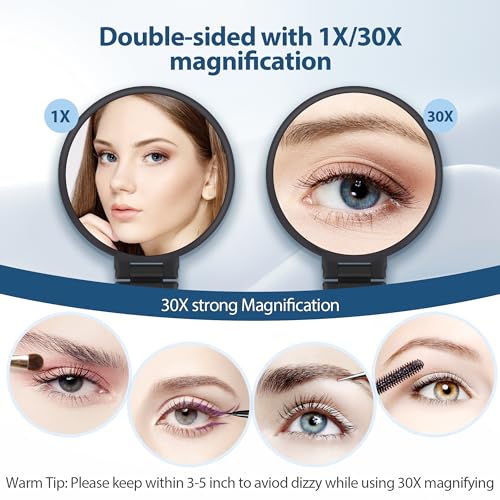 B Beauty Planet 30X Magnifying Mirror, Hand Mirror with Handle, Double Sided Hand Mirror with 30X/1X Magnification, Travel Essential Portable Foldable Makeup Mirror for Precision Makeup Black