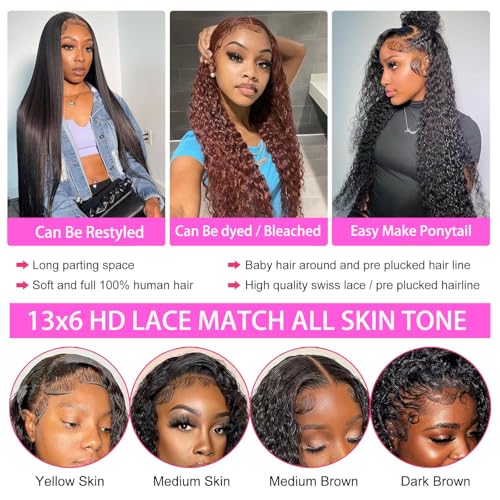 Water Wave Lace Front Wigs Human Hair Pre Plucked Bleached Knots Wet and Wavy 13x6 HD Lace Frontal Wigs for Black Women 200% Density Brazilian Remy Human Hair (Water Wave Wig, 24 Inch)