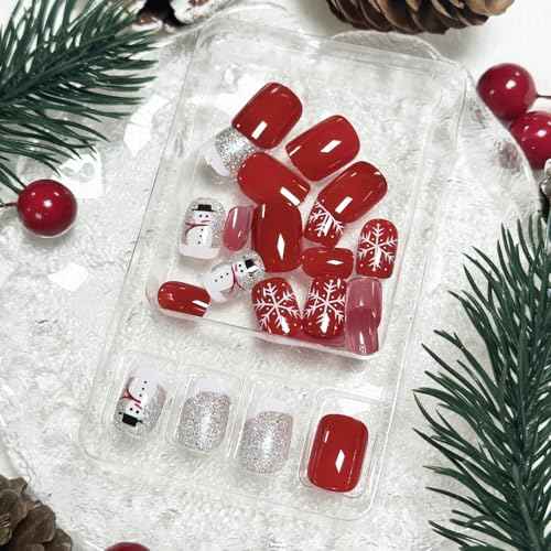 24Pcs Christmas Red Press on Nails Short Square Fake Nails with Silver Glitter Snowman Design Glossy Cute Christmas Nails Full Cover Stick on Nails Halloween Glue on Nails for Women Nail Art DIY