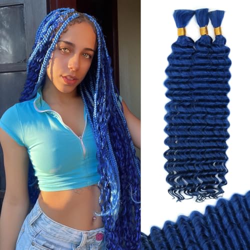 16 Inch Deep Wave Human Braiding Hair for Boho Braids ? 120g 3 Bundles/Pack Blue 100% Unprocessed 12A Brazilian Virgin Human Hair Bulk, No Weft, Wet & Wavy Curly Extensions