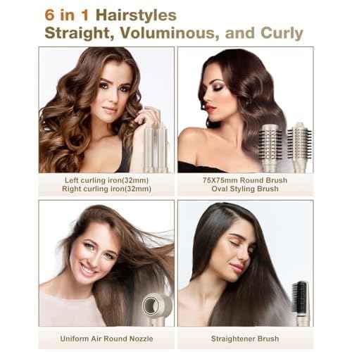 7MAGIC 6 in 1 Multi Hair Styler Dryer Brush, 110,000 RPM High-Speed, Negative Ionic, Fast Drying for Professional Blow Dry, Curling, Volumizing, Straightening and Styling, Gold