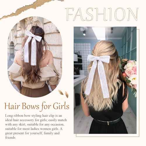 VOBOBE 2PCS Hair Bows for Women Girls, White Coquette Lace Bow Clips Silky Satin Hair Ribbons with Long Tail Hair Accessories for Wedding Birthday (White)
