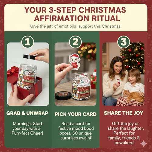 Positive Cat Christmas Jar with 60 Affirmation Cards, Cat Lover Gifts for Women Friends Sisters Teens, Ornament Decorations, Stocking Stuffers, Cat Christmas Tree Gifts, Cat Advent Calendar