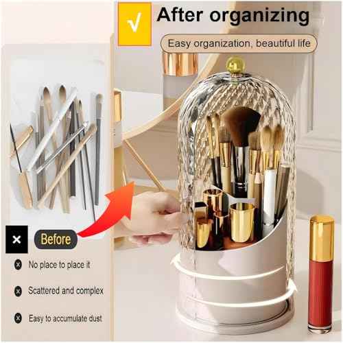 Makeup Brush Holder with Lid£¬Makeup Brush Storage Box with Diamond Pattern£¬360 Rotating Waterproof and Dustproof Beauty Brushes Storage for Vanity Bathroom,White